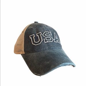 Vintage USA Trucker Hat - Blue Cotton/Tan Mesh